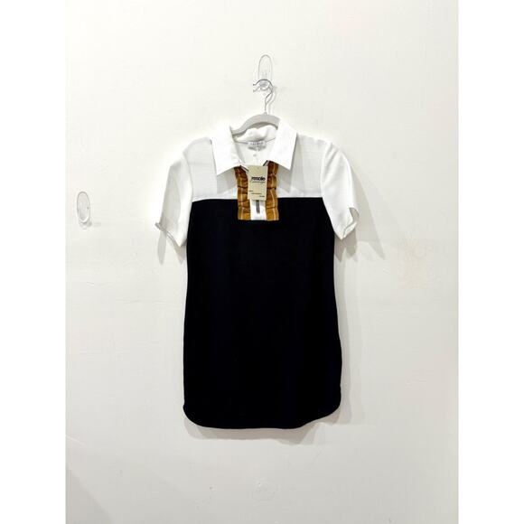 Sandro Colorblock Half Zip Gold Ruffle Trim Mini Polo Dress Navy White Size 4-6 - Picture 2 of 6